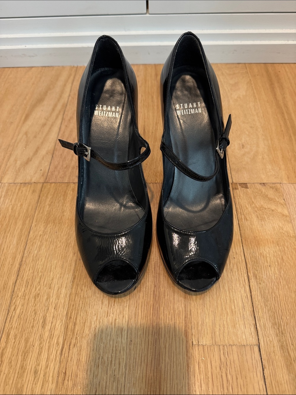 Stuart Weitzman Black Patent Mary Jane Peep-Toe Heels
